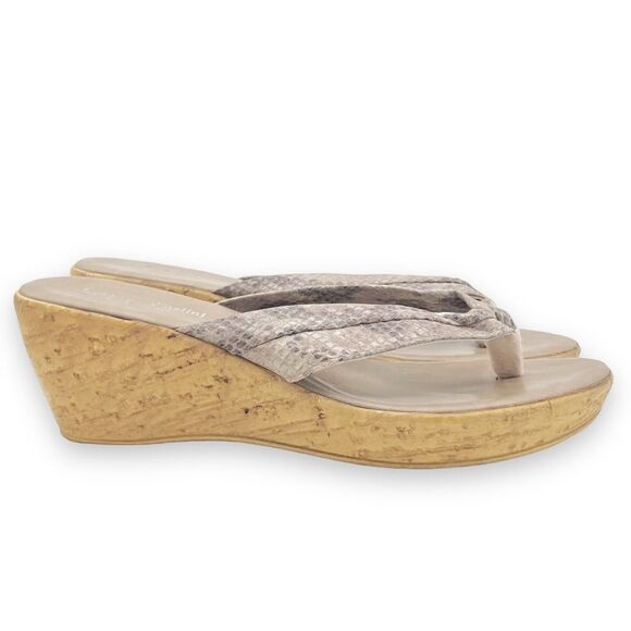 Lorenzo Chelini Taupe Faux Snakeskin Cork Wedge Sandal Thong Flip Flop Size 10 - Picture 8 of 16